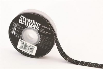 Szatén szalag, 15 mm x 22 m, fekete fehér pöttyökkel