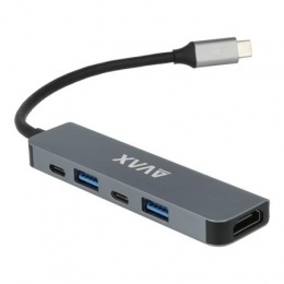 USB-C elosztó-HUB, HDMI+USB-C+2xUSB 3.0, PD, AVAX "HB611 Connect+", fekete